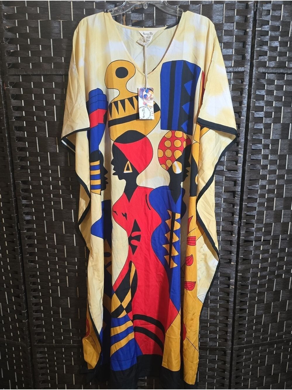 Gypsie Blu Yellow African Tribal Print V-Neck Kaftan Maxi Dress One Size